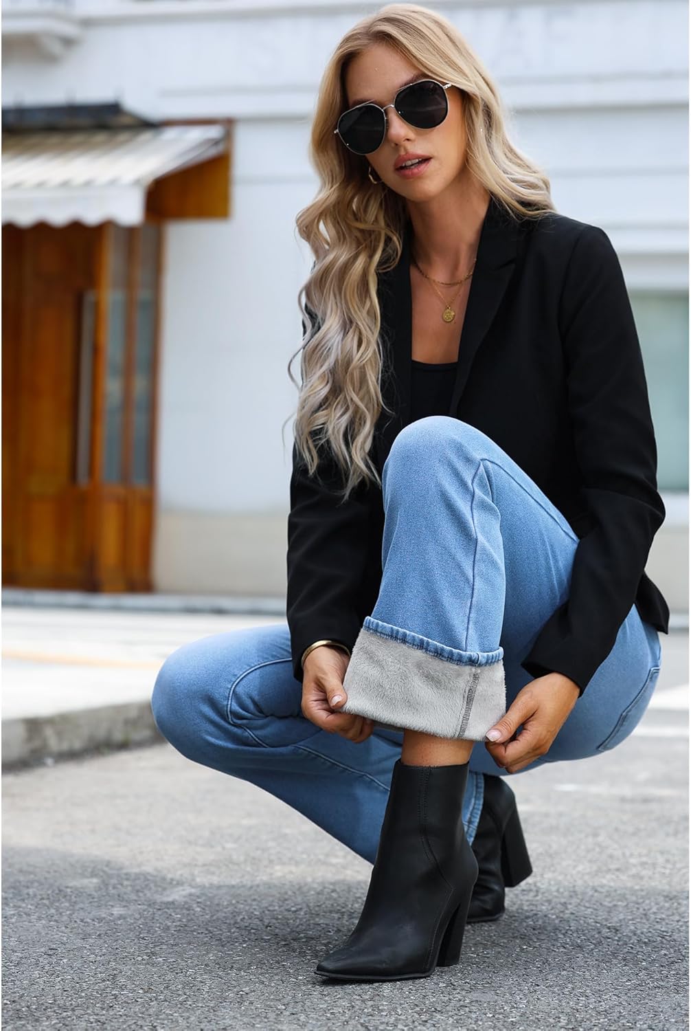GRAPENT Bootcut Jeans for Women High Waist Stretchy Fleece Lined Pants Flare Jeans Denim Thermal Pants Winter ClothesPowder Blue