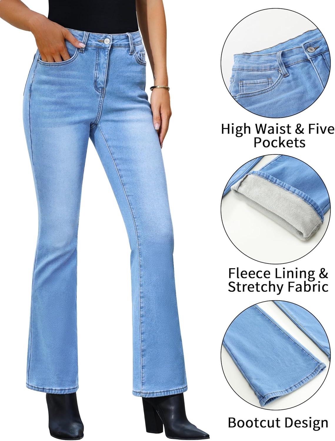 GRAPENT Bootcut Jeans for Women High Waist Stretchy Fleece Lined Pants Flare Jeans Denim Thermal Pants Winter ClothesPowder Blue