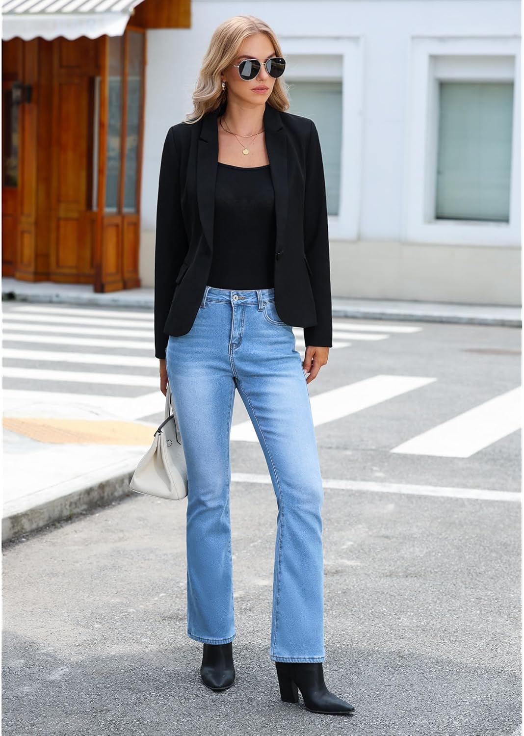 GRAPENT Bootcut Jeans for Women High Waist Stretchy Fleece Lined Pants Flare Jeans Denim Thermal Pants Winter ClothesPowder Blue