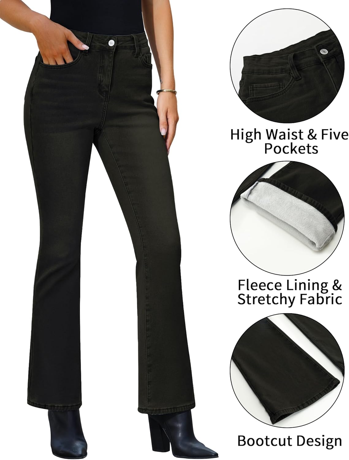 GRAPENT Bootcut Jeans for Women High Waist Stretchy Fleece Lined Pants Flare Jeans Denim Thermal Pants Winter ClothesWashed Black