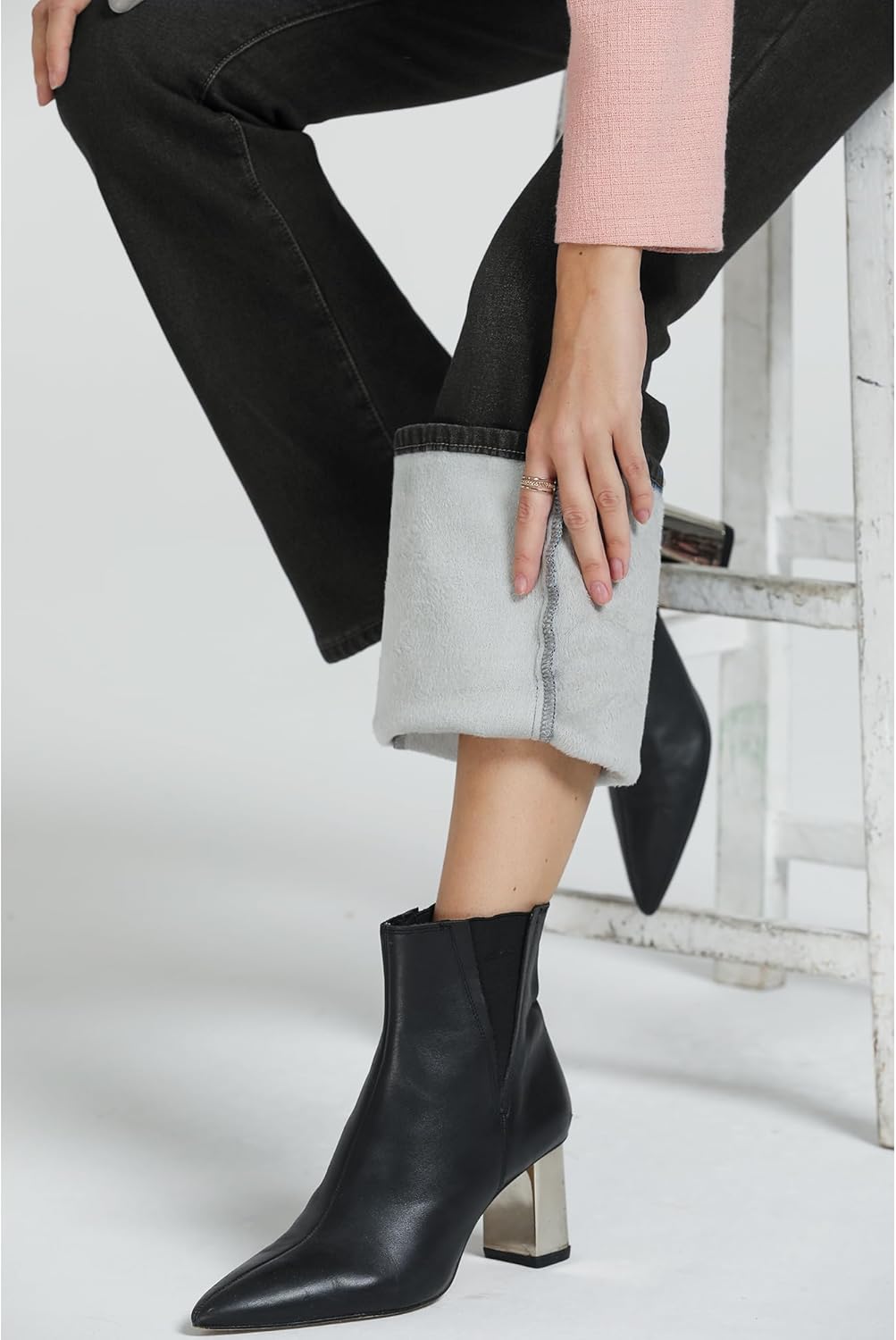 GRAPENT Bootcut Jeans for Women High Waist Stretchy Fleece Lined Pants Flare Jeans Denim Thermal Pants Winter ClothesWashed Black