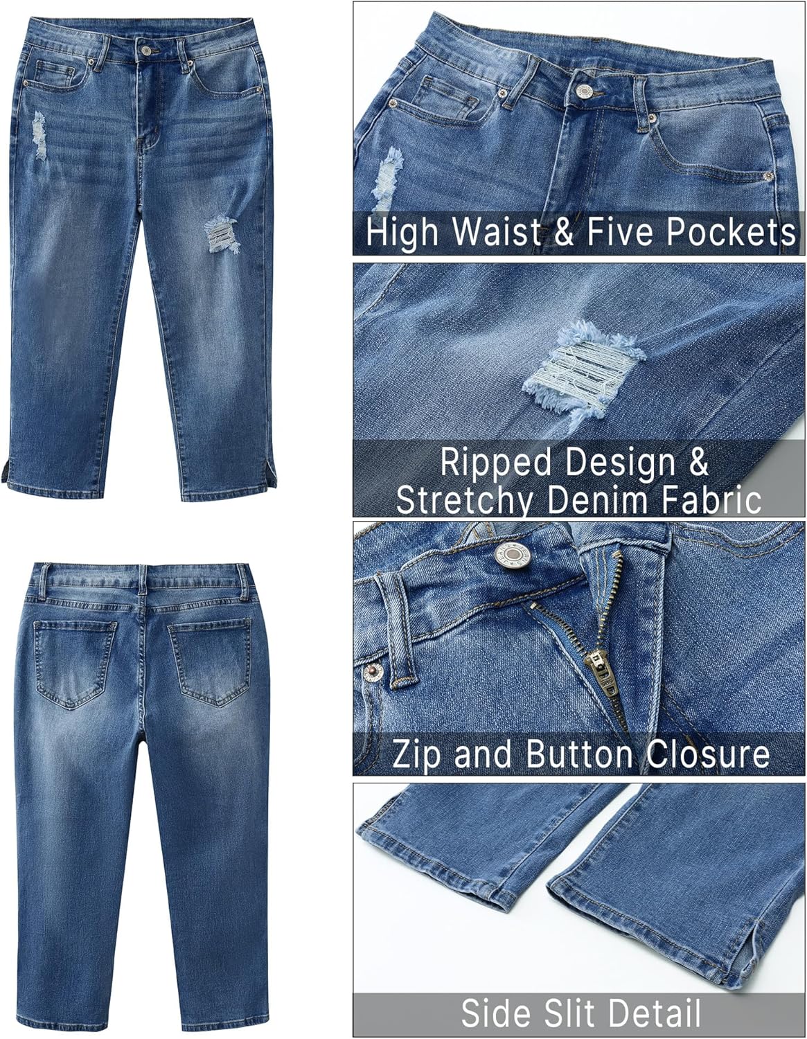 GRAPENT Capris Jeans for Women High Waisted Stretchy Ripped Skinny Denim Capri Pants Distressed Cropped Jeggings CasualClassic Blue