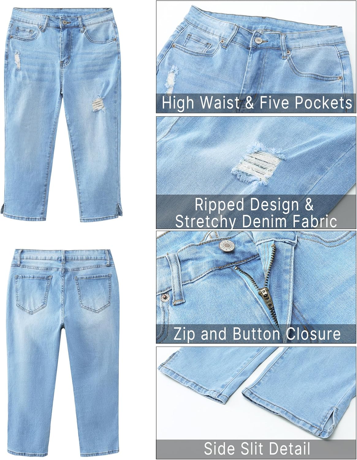 GRAPENT Capris Jeans for Women High Waisted Stretchy Ripped Skinny Denim Capri Pants Distressed Cropped Jeggings CasualLakeside Blue