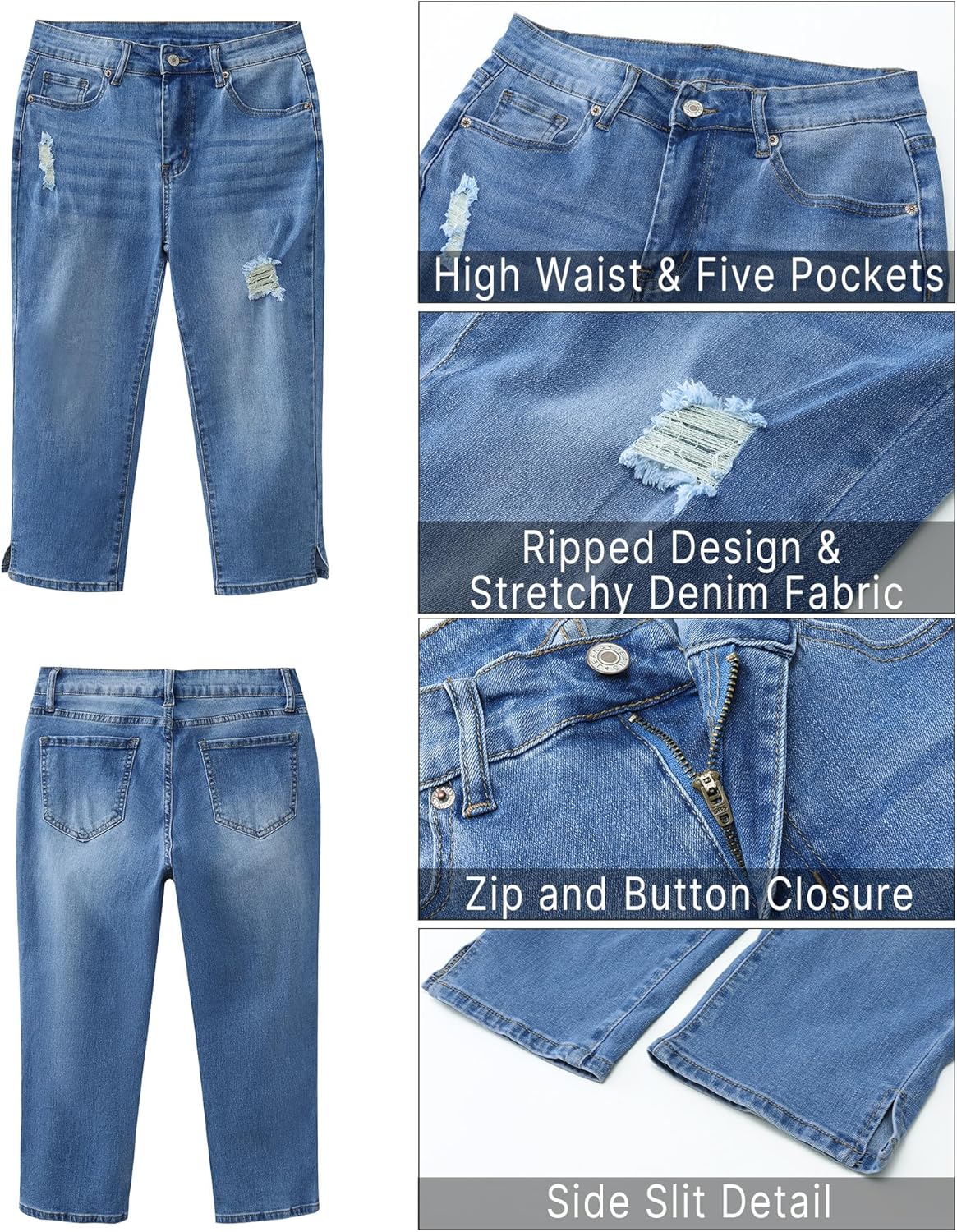 GRAPENT Capris Jeans for Women High Waisted Stretchy Ripped Skinny Denim Capri Pants Distressed Cropped Jeggings CasualMedium Blue
