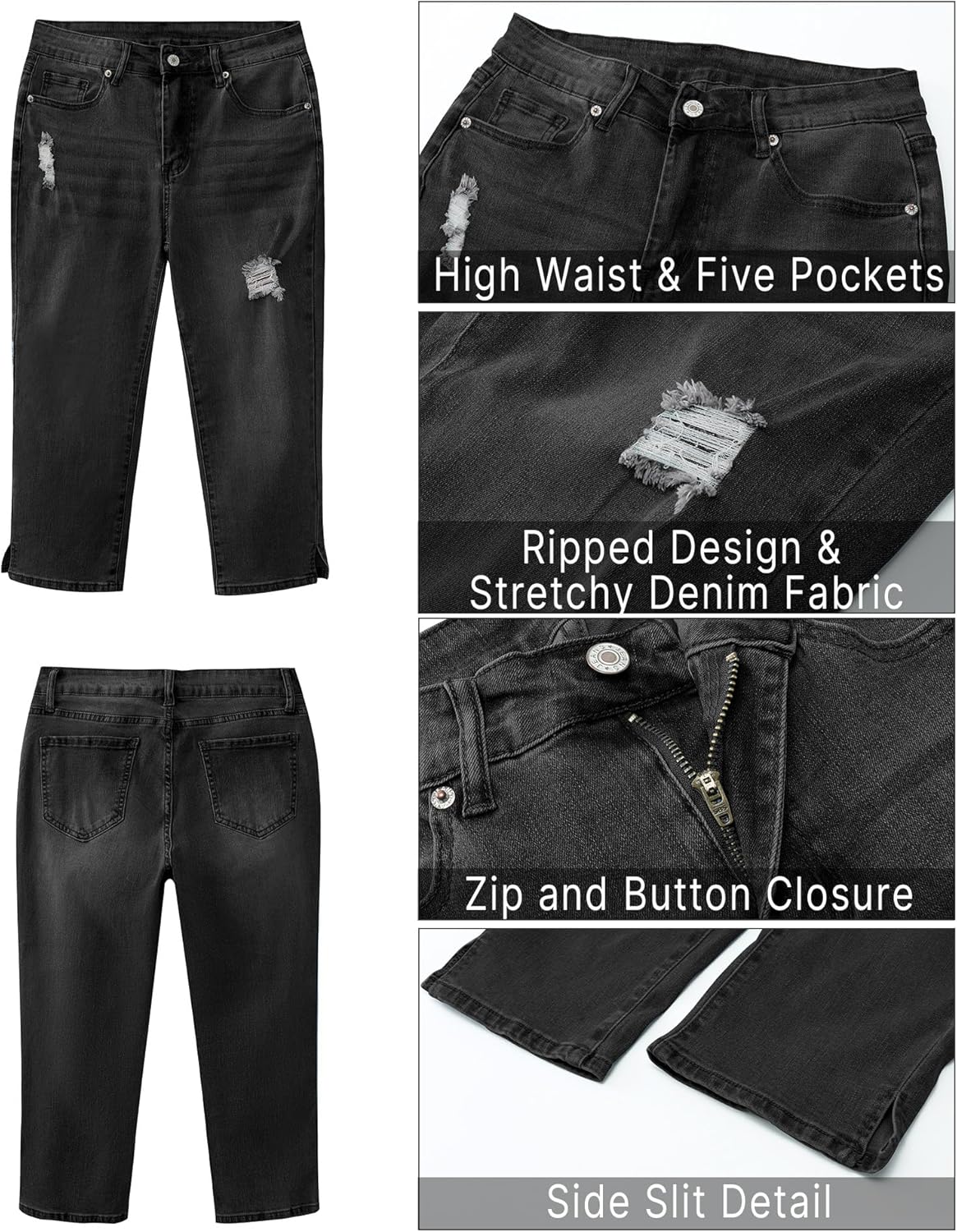 GRAPENT Capris Jeans for Women High Waisted Stretchy Ripped Skinny Denim Capri Pants Distressed Cropped Jeggings CasualWashed Black