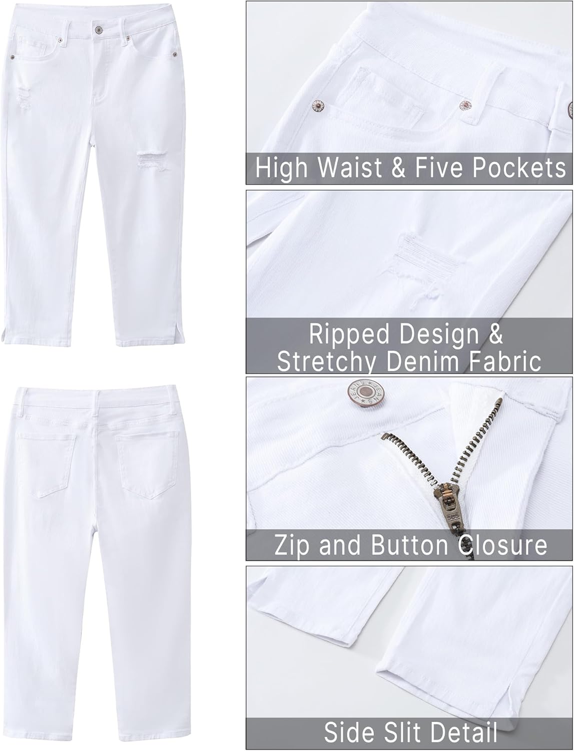 GRAPENT Capris Jeans for Women High Waisted Stretchy Ripped Skinny Denim Capri Pants Distressed Cropped Jeggings CasualWhite