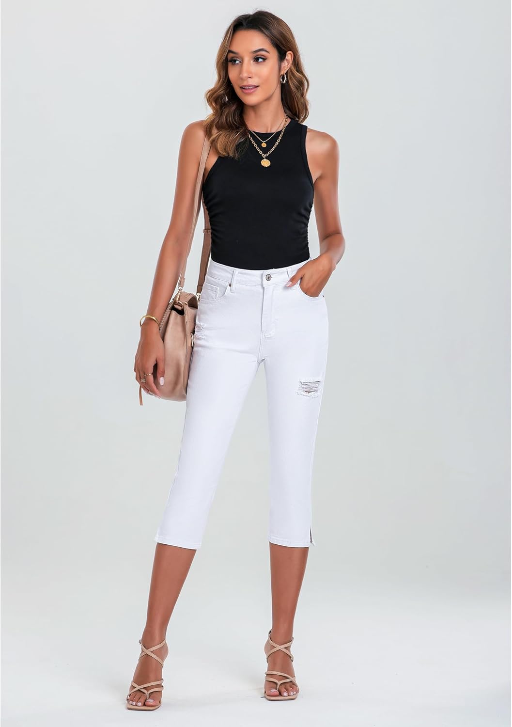 GRAPENT Capris Jeans for Women High Waisted Stretchy Ripped Skinny Denim Capri Pants Distressed Cropped Jeggings CasualWhite