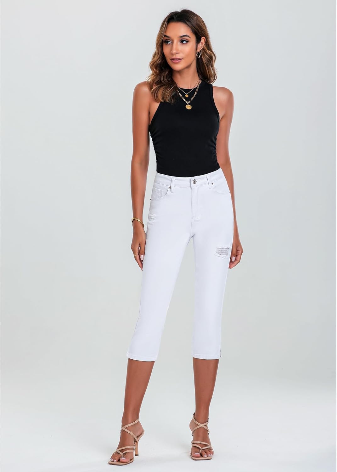 GRAPENT Capris Jeans for Women High Waisted Stretchy Ripped Skinny Denim Capri Pants Distressed Cropped Jeggings CasualWhite