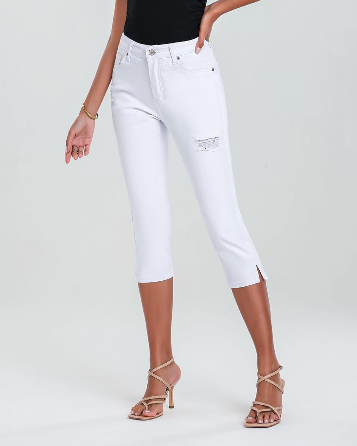 GRAPENT Capris Jeans for Women High Waisted Stretchy Ripped Skinny Denim Capri Pants Distressed Cropped Jeggings CasualWhite
