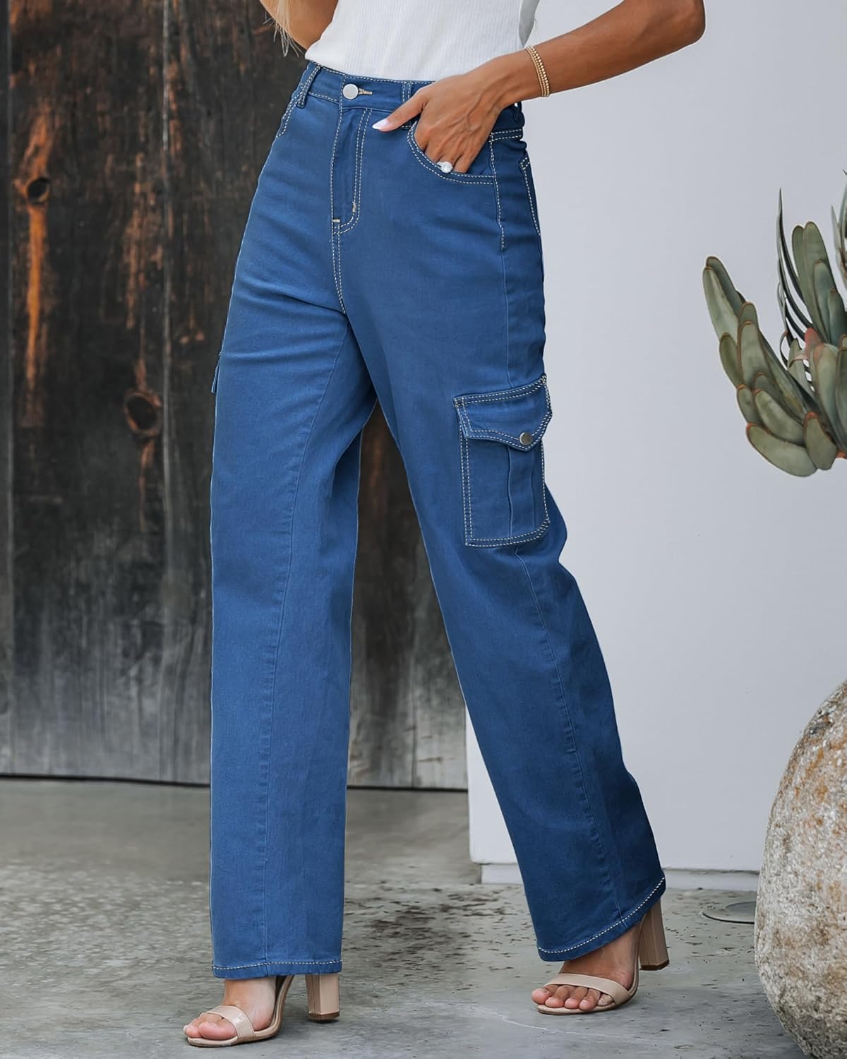 GRAPENT Cargo Jeans for Women Wide Leg Baggy High Waisted Jean Trousers Stretchy Denim Cargo Pants with Pockets Y2K