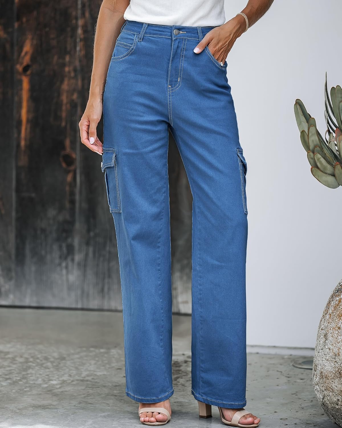 GRAPENT Cargo Jeans for Women Wide Leg Baggy High Waisted Jean Trousers Stretchy Denim Cargo Pants with Pockets Y2K