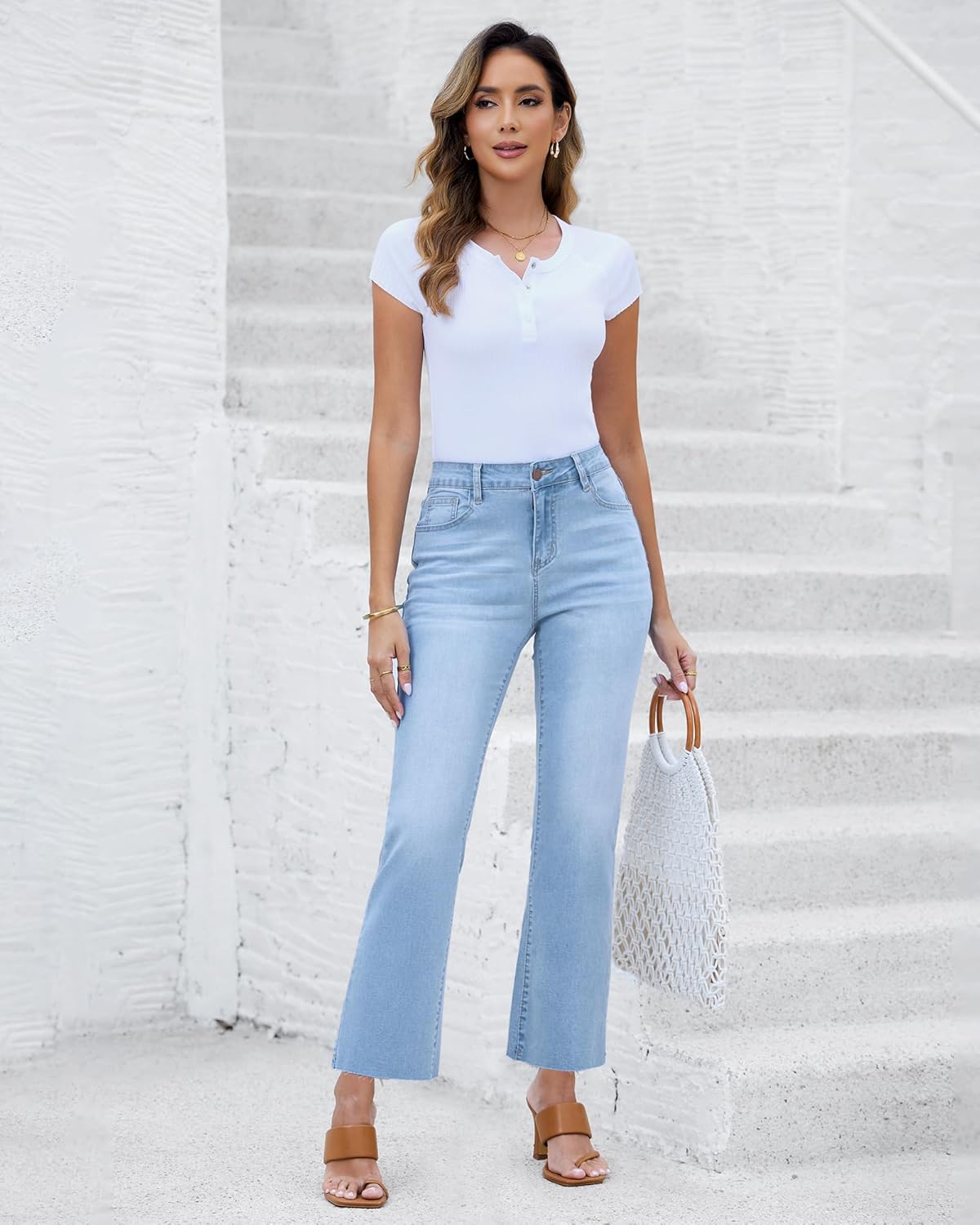 GRAPENT Flare Jeans for Women High Waisted Trendy Cropped Jeans Stretchy Denim Pants Raw Hem Ankle Trouser Jeans PocketsAiry Blue