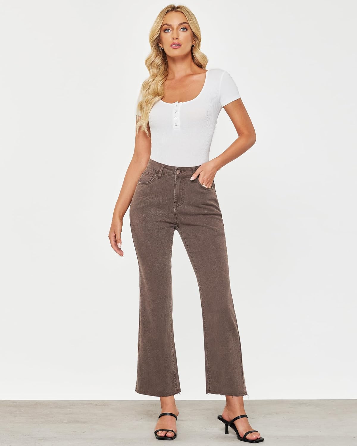 GRAPENT Flare Jeans for Women High Waisted Trendy Cropped Jeans Stretchy Denim Pants Raw Hem Ankle Trouser Jeans PocketsCinnamon Brown  Acid Wash