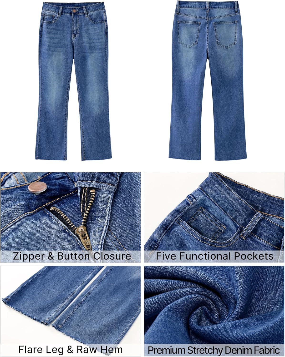 GRAPENT Flare Jeans for Women High Waisted Trendy Cropped Jeans Stretchy Denim Pants Raw Hem Ankle Trouser Jeans PocketsClassic Blue