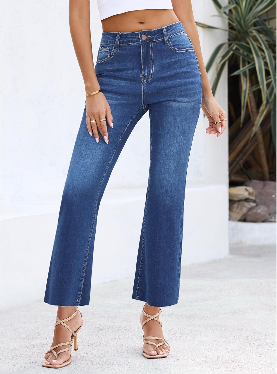 GRAPENT Flare Jeans for Women High Waisted Trendy Cropped Jeans Stretchy Denim Pants Raw Hem Ankle Trouser Jeans PocketsClassic Blue