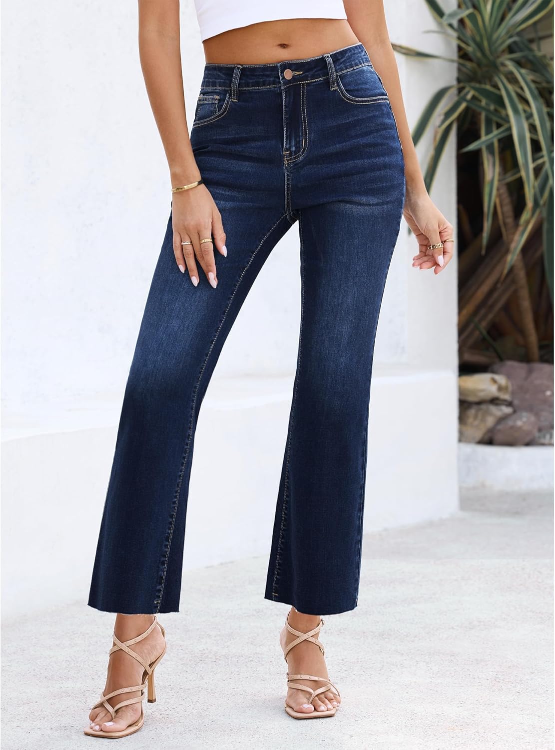 GRAPENT Flare Jeans for Women High Waisted Trendy Cropped Jeans Stretchy Denim Pants Raw Hem Ankle Trouser Jeans PocketsIndigo Skyblue