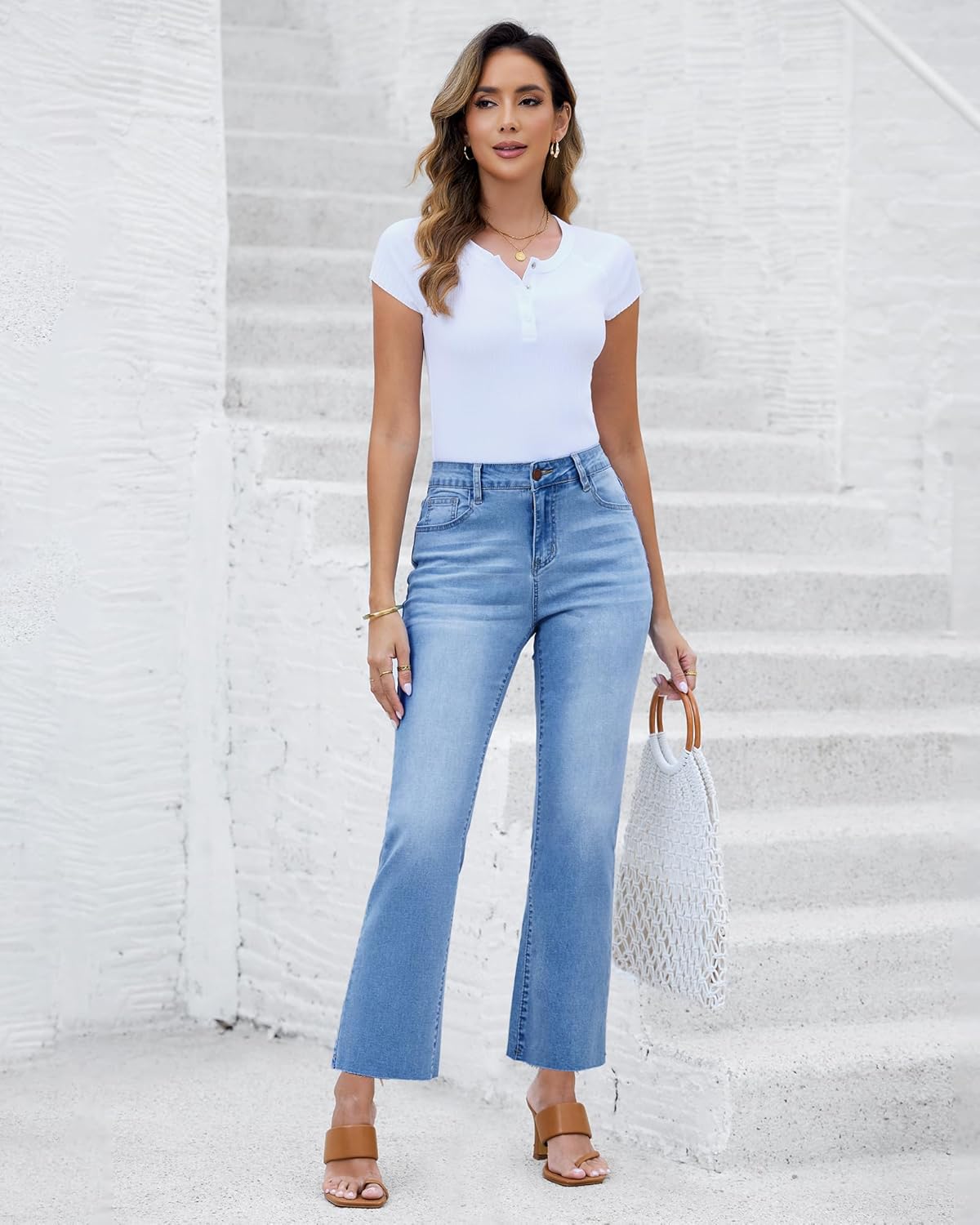 GRAPENT Flare Jeans for Women High Waisted Trendy Cropped Jeans Stretchy Denim Pants Raw Hem Ankle Trouser Jeans PocketsMedium Blue