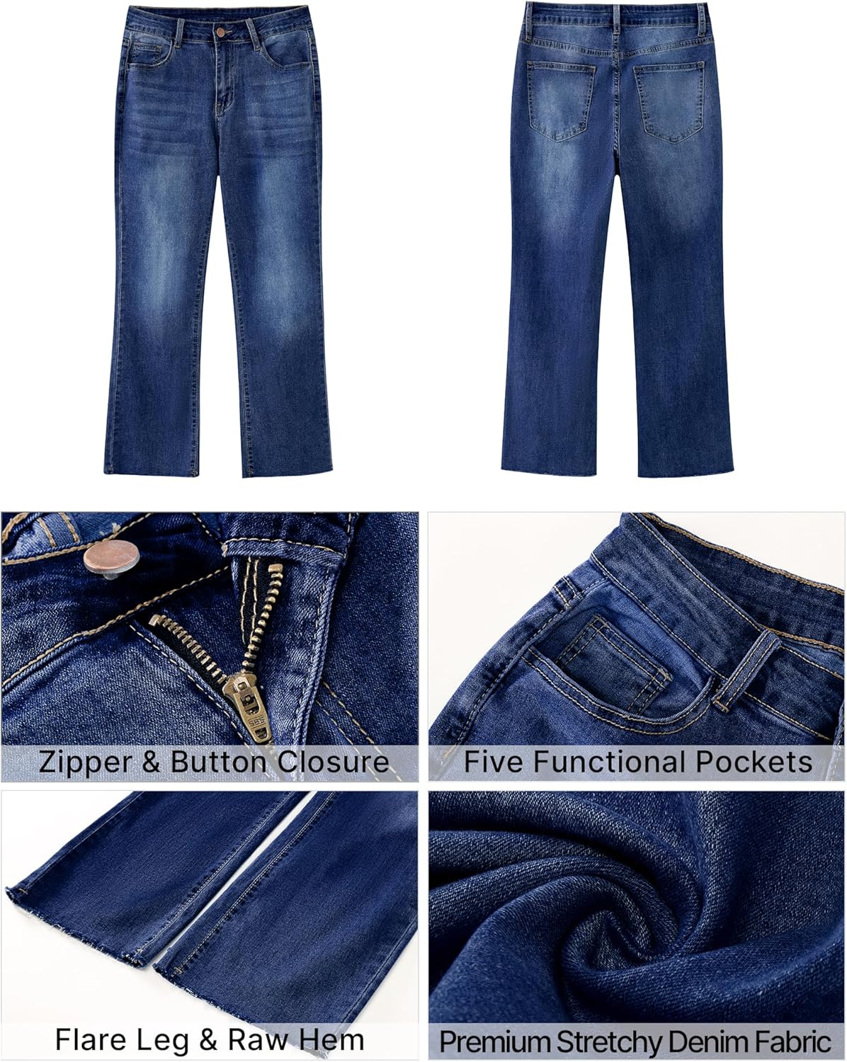 GRAPENT Flare Jeans for Women High Waisted Trendy Cropped Jeans Stretchy Denim Pants Raw Hem Ankle Trouser Jeans PocketsNightfall Blue