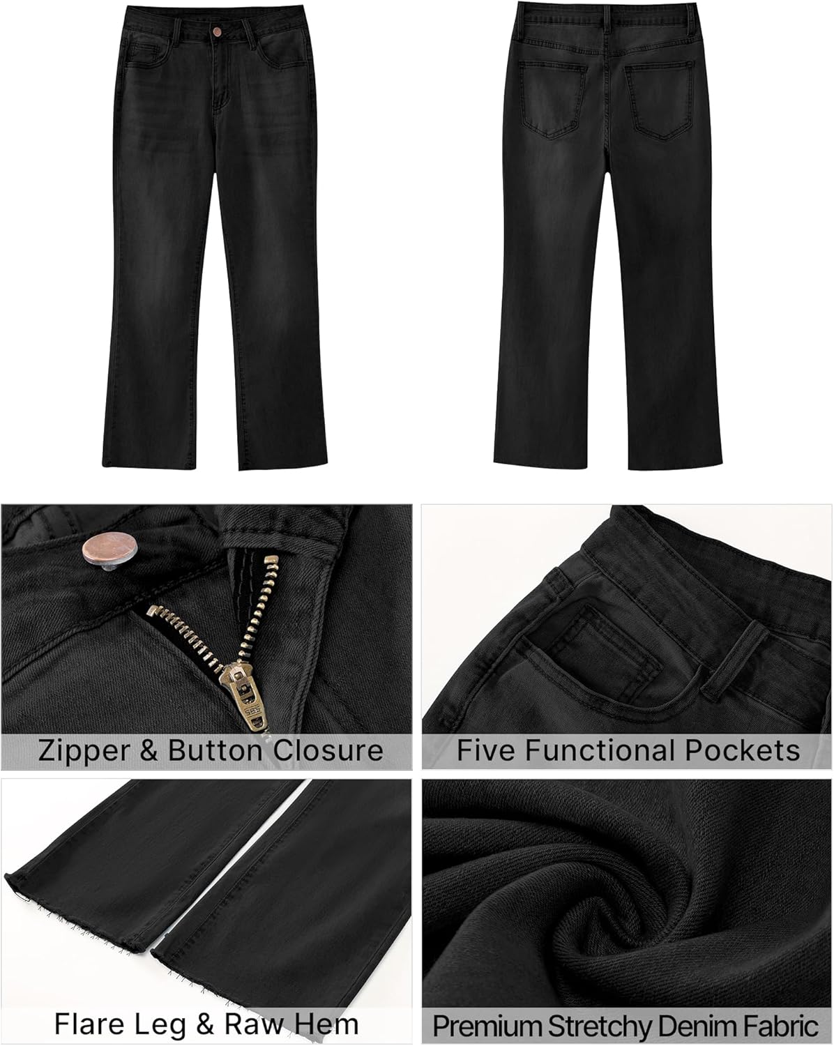 GRAPENT Flare Jeans for Women High Waisted Trendy Cropped Jeans Stretchy Denim Pants Raw Hem Ankle Trouser Jeans PocketsWashed Black
