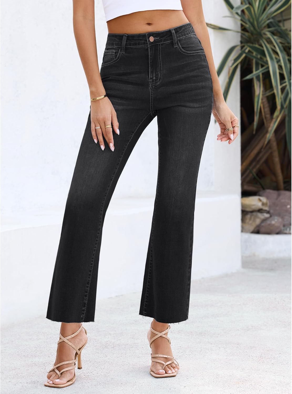 GRAPENT Flare Jeans for Women High Waisted Trendy Cropped Jeans Stretchy Denim Pants Raw Hem Ankle Trouser Jeans PocketsWashed Black