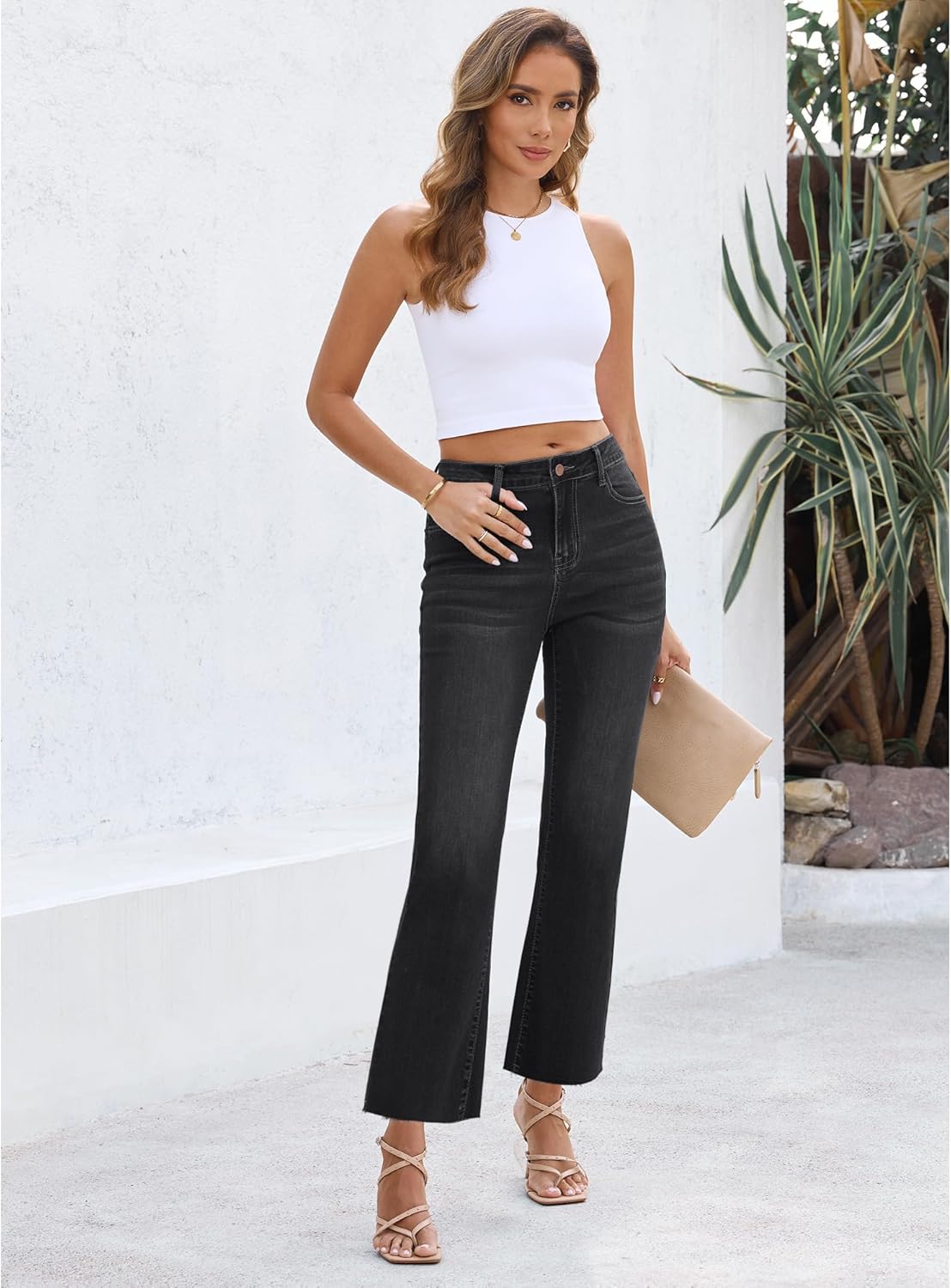 GRAPENT Flare Jeans for Women High Waisted Trendy Cropped Jeans Stretchy Denim Pants Raw Hem Ankle Trouser Jeans PocketsWashed Black