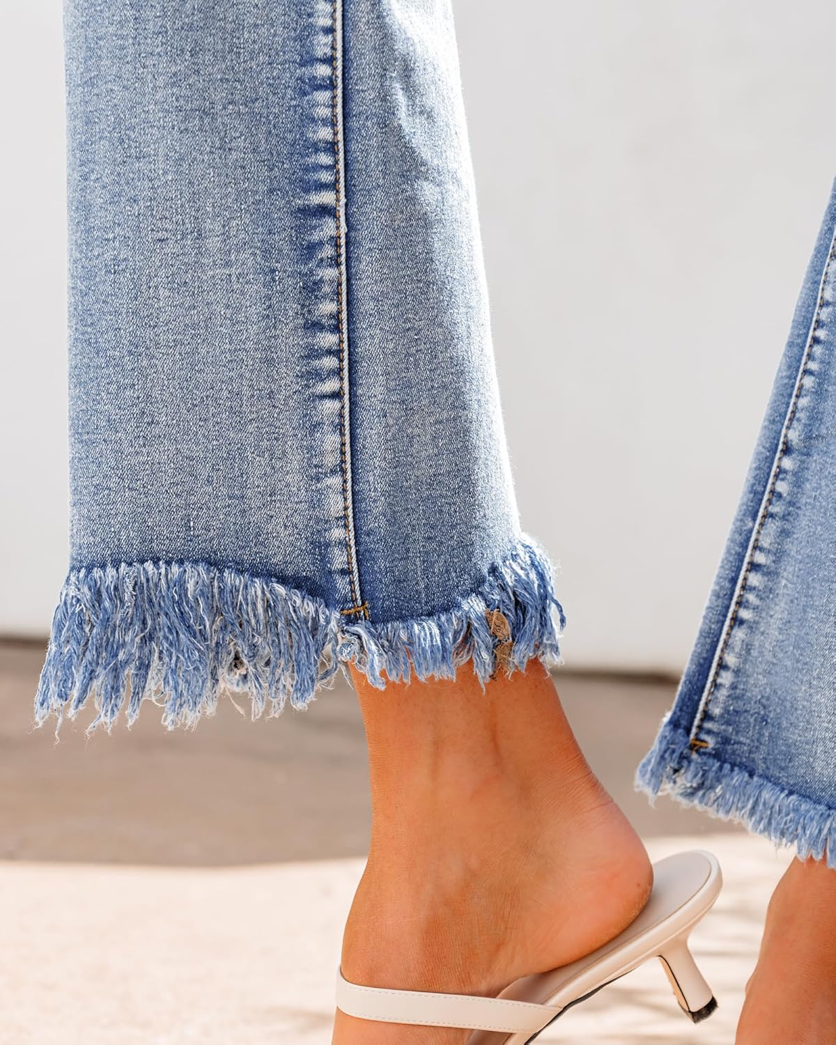 GRAPENT Flare Jeans for Women Trendy High Waisted Cropped Ripped Jeans Wide Leg Stretchy Denim Ankle Pants Raw Hem JeansBay Blue