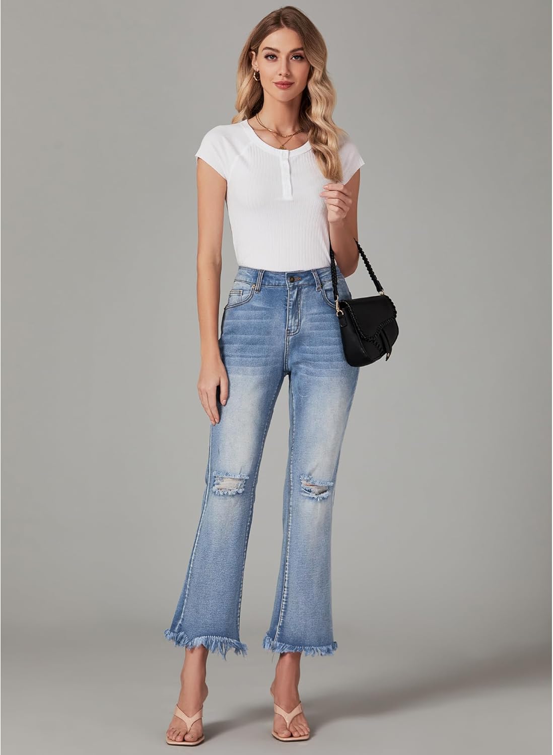 GRAPENT Flare Jeans for Women Trendy High Waisted Cropped Ripped Jeans Wide Leg Stretchy Denim Ankle Pants Raw Hem JeansBay Blue