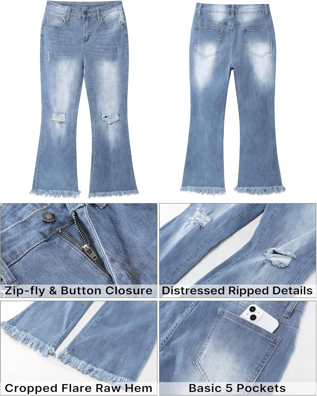GRAPENT Flare Jeans for Women Trendy High Waisted Cropped Ripped Jeans Wide Leg Stretchy Denim Ankle Pants Raw Hem JeansBay Blue