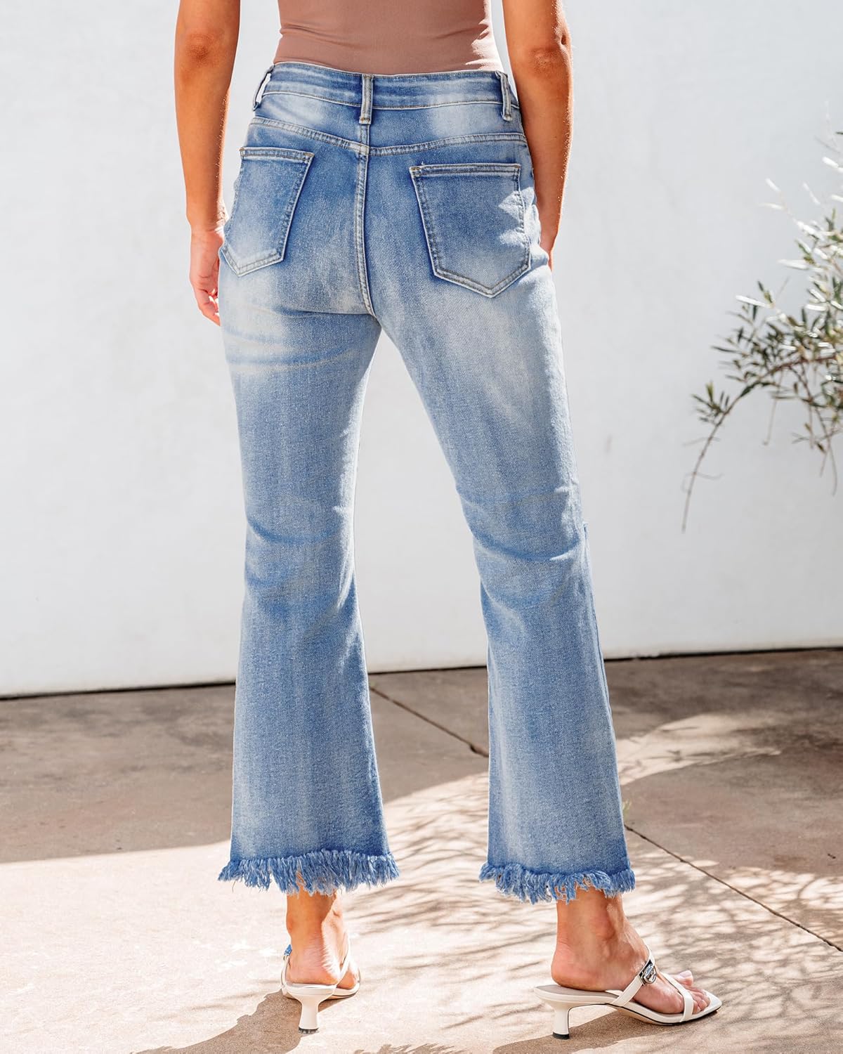 GRAPENT Flare Jeans for Women Trendy High Waisted Cropped Ripped Jeans Wide Leg Stretchy Denim Ankle Pants Raw Hem JeansBay Blue