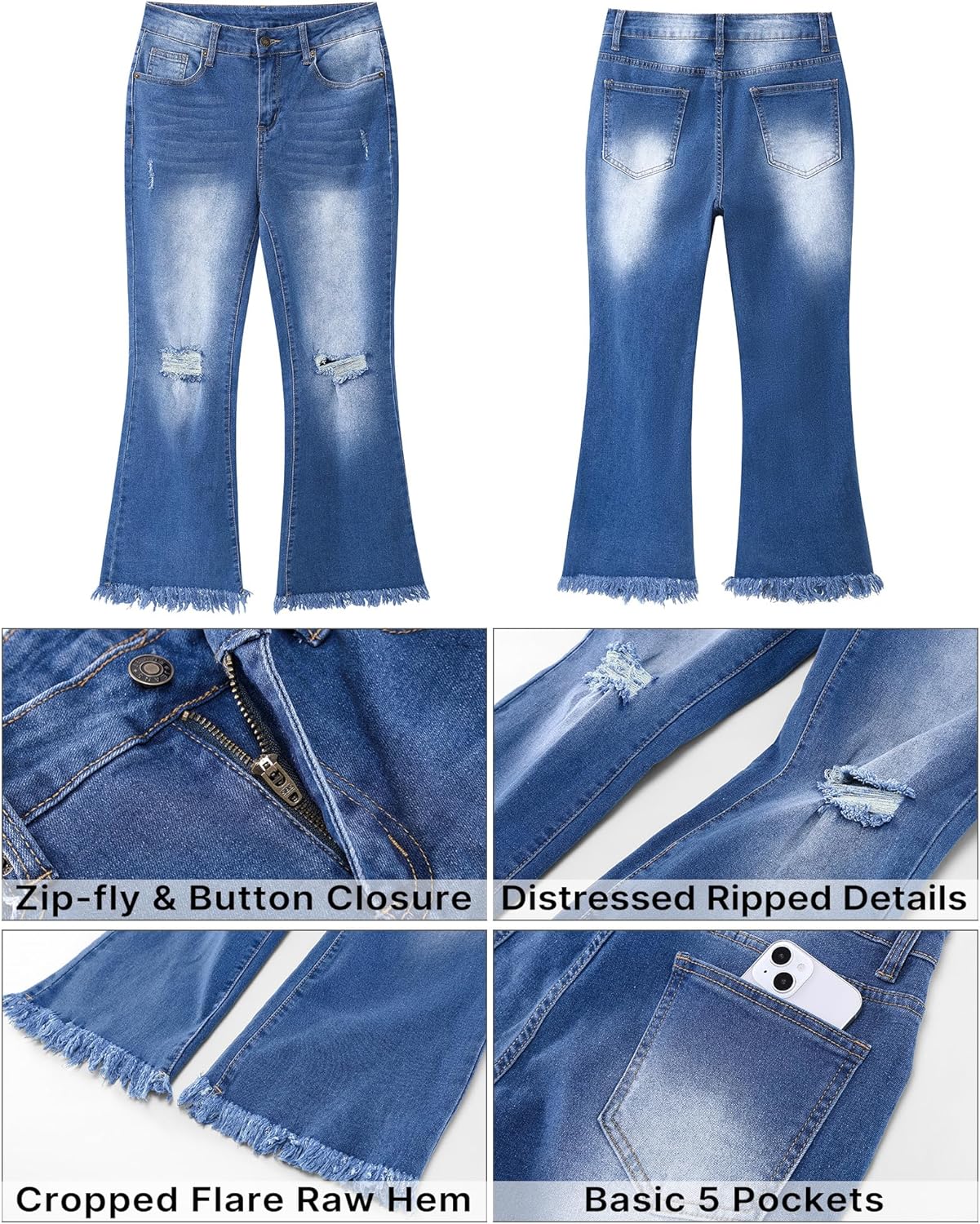 GRAPENT Flare Jeans for Women Trendy High Waisted Cropped Ripped Jeans Wide Leg Stretchy Denim Ankle Pants Raw Hem JeansClassic Blue