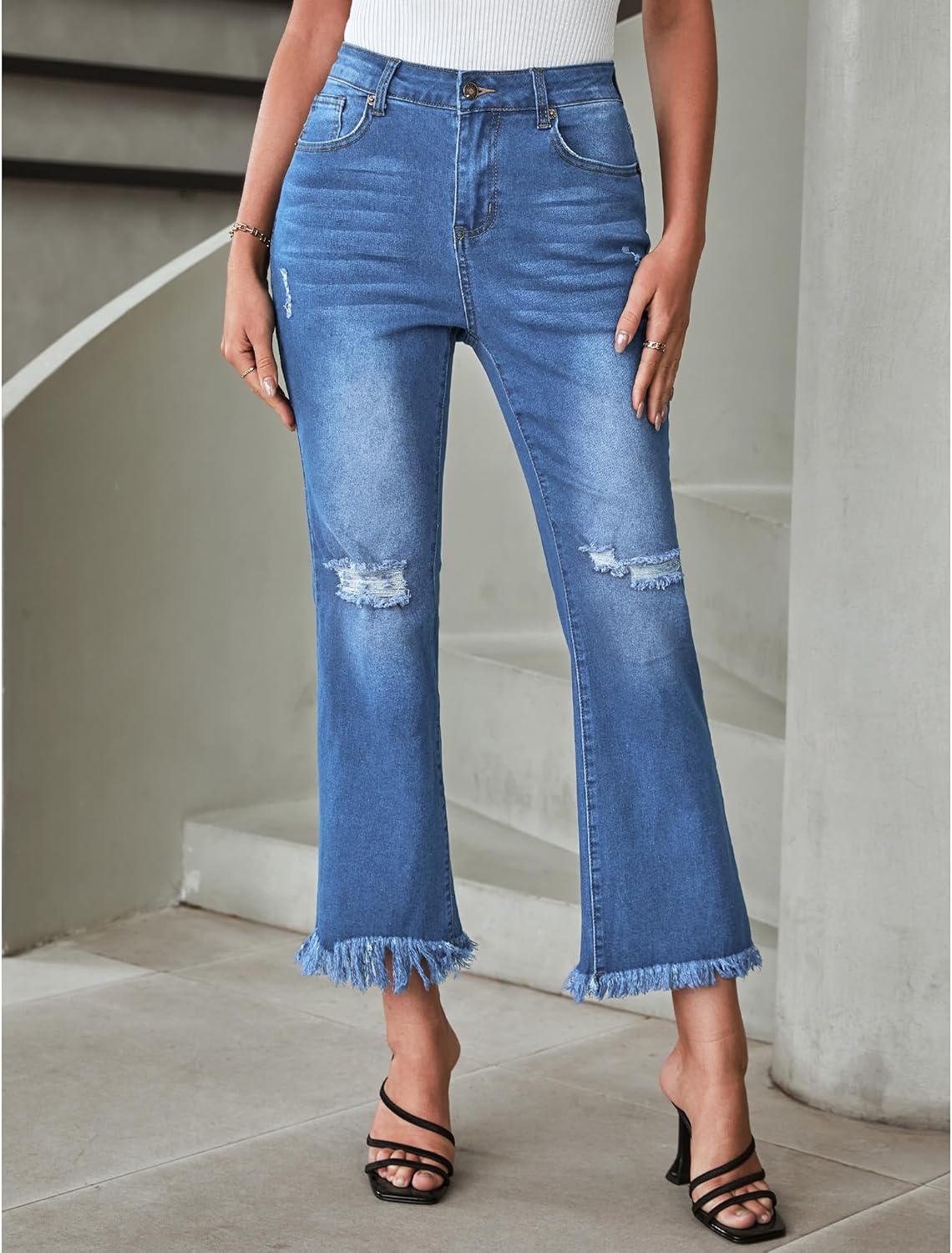 GRAPENT Flare Jeans for Women Trendy High Waisted Cropped Ripped Jeans Wide Leg Stretchy Denim Ankle Pants Raw Hem JeansClassic Blue