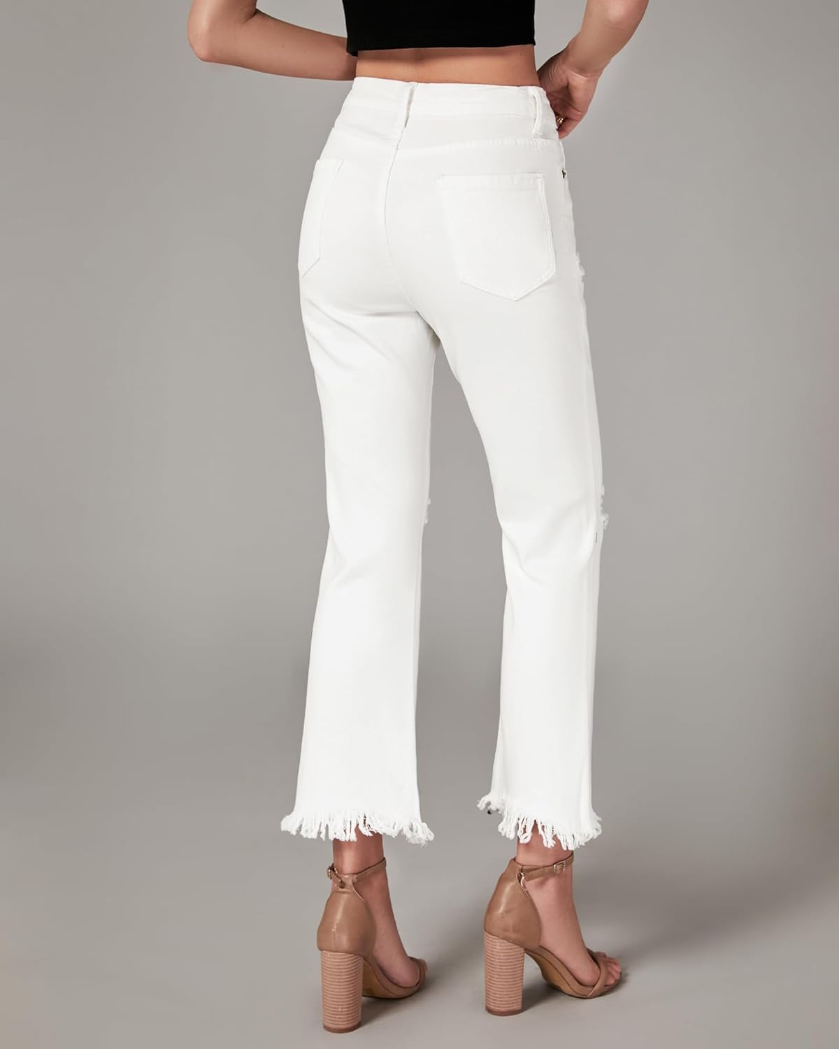 GRAPENT Flare Jeans for Women Trendy High Waisted Cropped Ripped Jeans Wide Leg Stretchy Denim Ankle Pants Raw Hem JeansIvory White