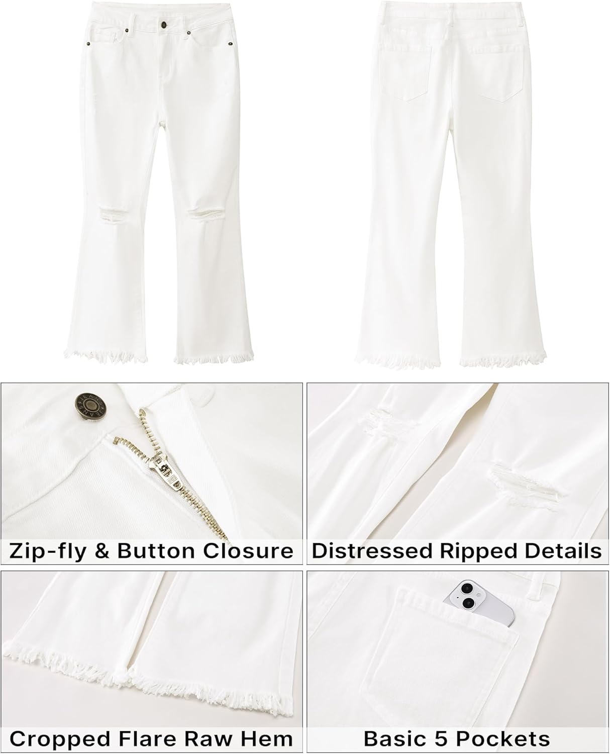 GRAPENT Flare Jeans for Women Trendy High Waisted Cropped Ripped Jeans Wide Leg Stretchy Denim Ankle Pants Raw Hem JeansIvory White