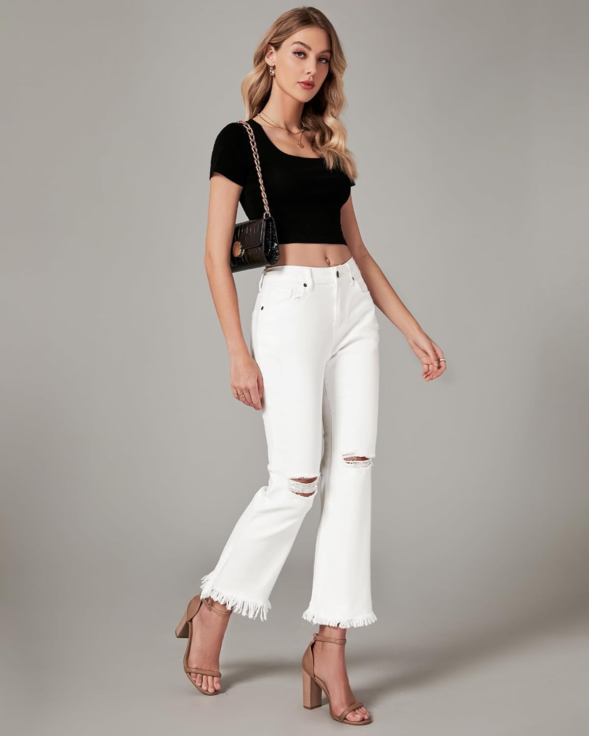 GRAPENT Flare Jeans for Women Trendy High Waisted Cropped Ripped Jeans Wide Leg Stretchy Denim Ankle Pants Raw Hem JeansIvory White