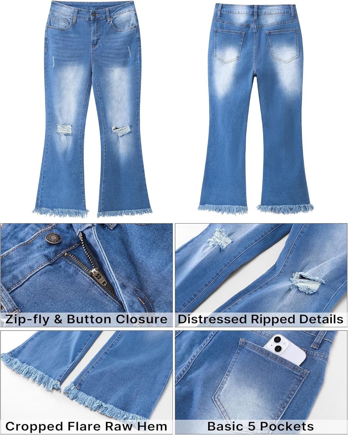 GRAPENT Flare Jeans for Women Trendy High Waisted Cropped Ripped Jeans Wide Leg Stretchy Denim Ankle Pants Raw Hem JeansMedium Blue