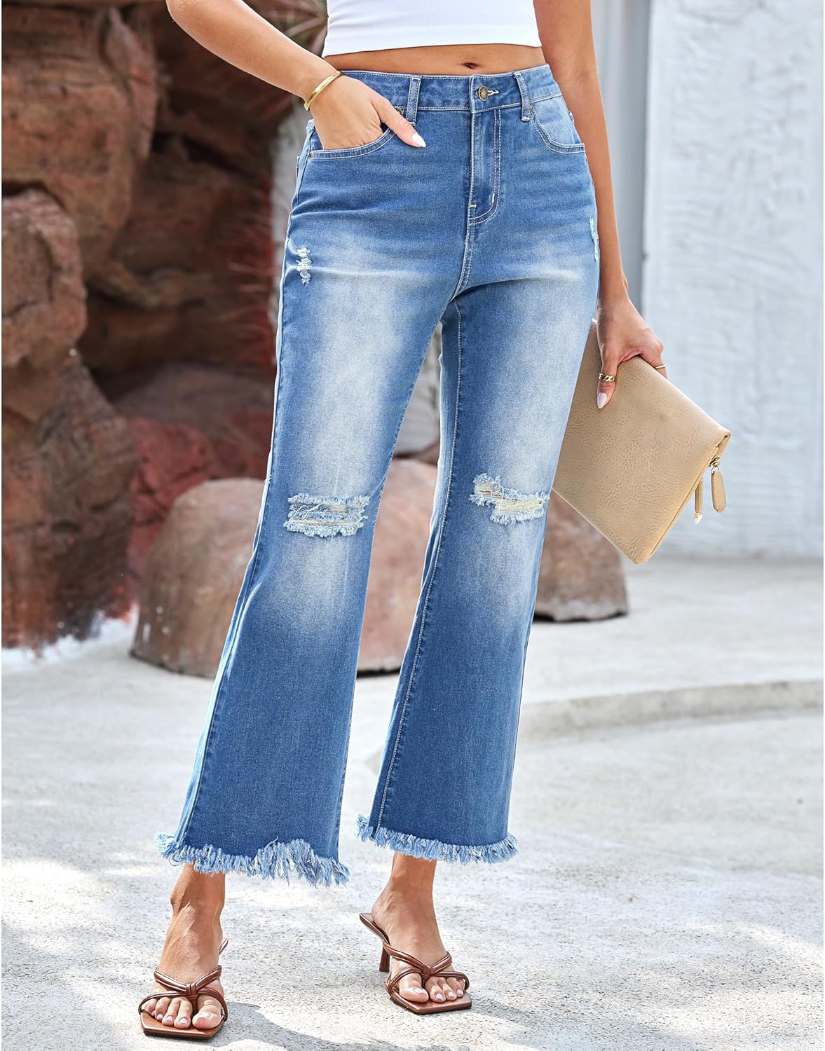 GRAPENT Flare Jeans for Women Trendy High Waisted Cropped Ripped Jeans Wide Leg Stretchy Denim Ankle Pants Raw Hem JeansMedium Blue