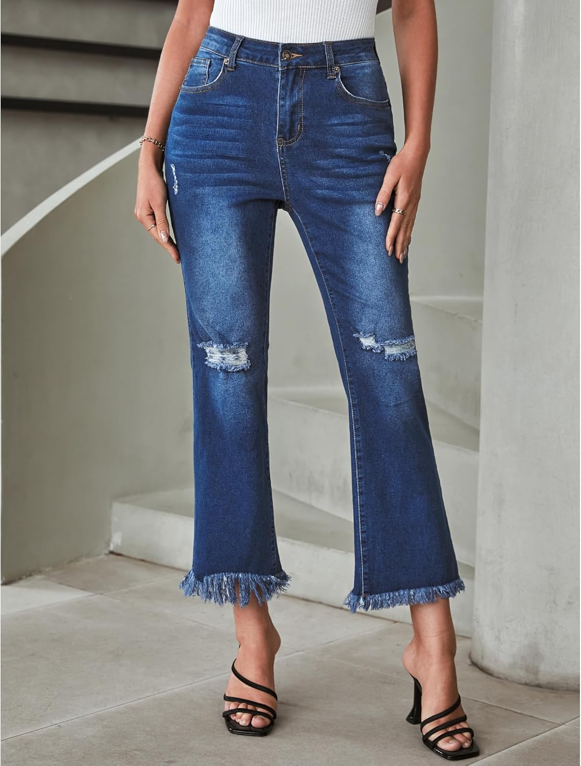 GRAPENT Flare Jeans for Women Trendy High Waisted Cropped Ripped Jeans Wide Leg Stretchy Denim Ankle Pants Raw Hem JeansNightfall Blue
