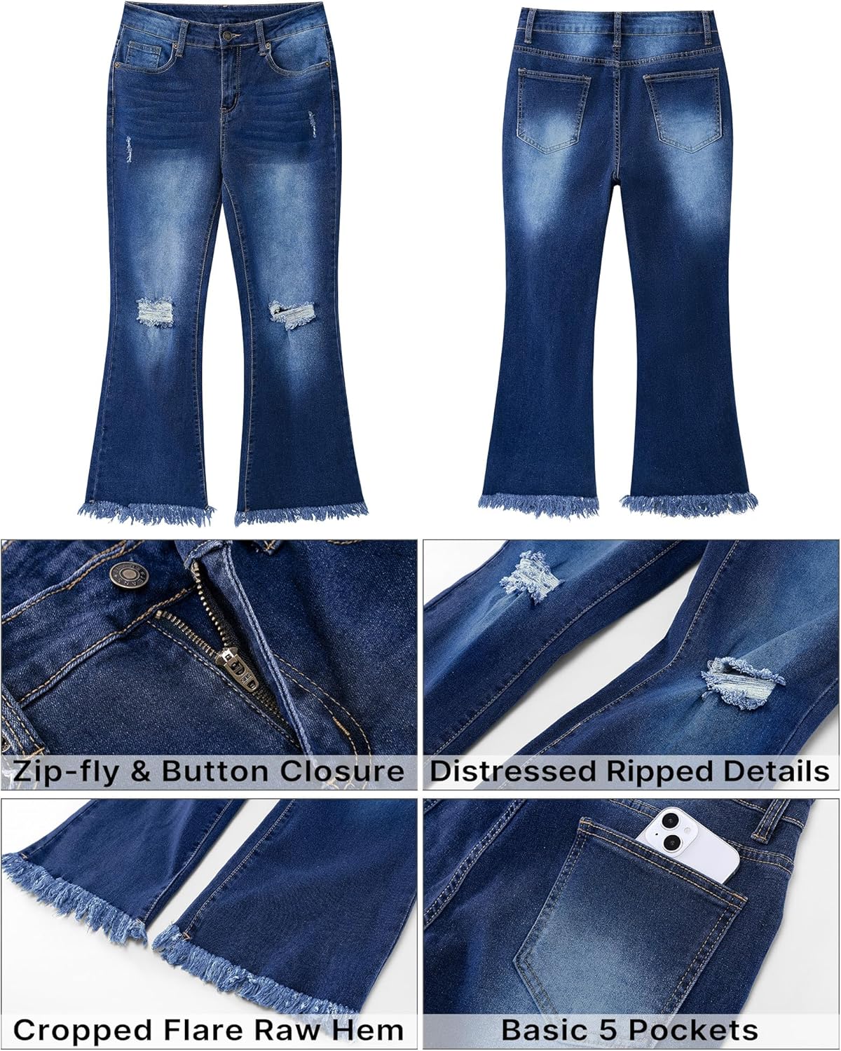 GRAPENT Flare Jeans for Women Trendy High Waisted Cropped Ripped Jeans Wide Leg Stretchy Denim Ankle Pants Raw Hem JeansNightfall Blue