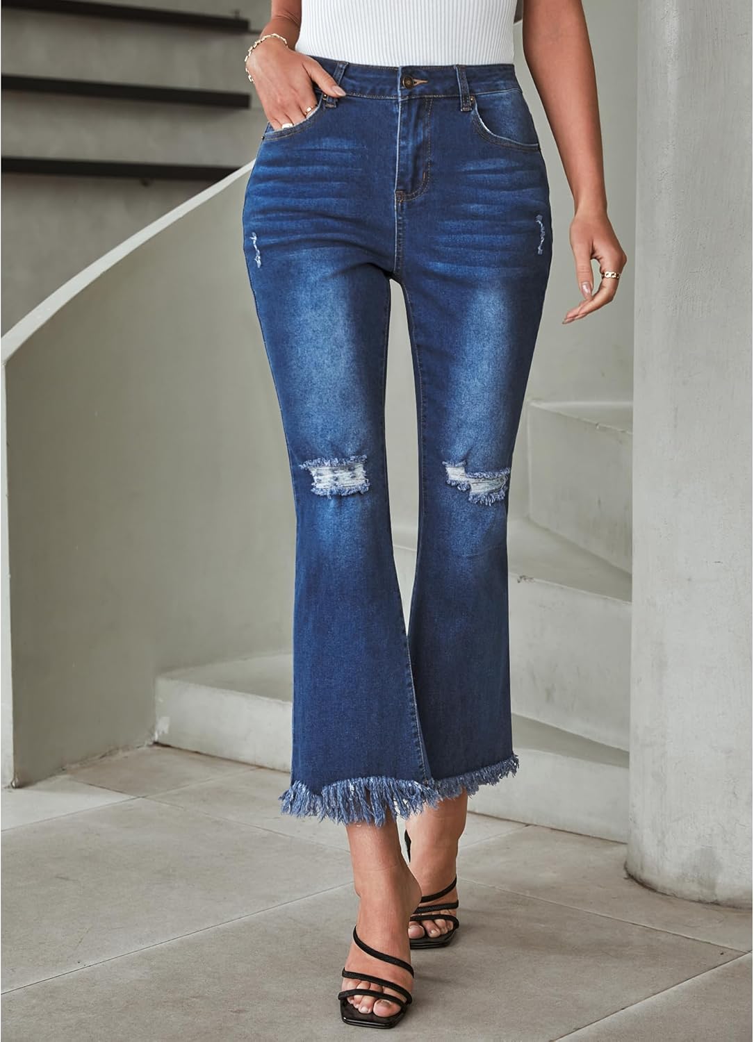 GRAPENT Flare Jeans for Women Trendy High Waisted Cropped Ripped Jeans Wide Leg Stretchy Denim Ankle Pants Raw Hem JeansNightfall Blue