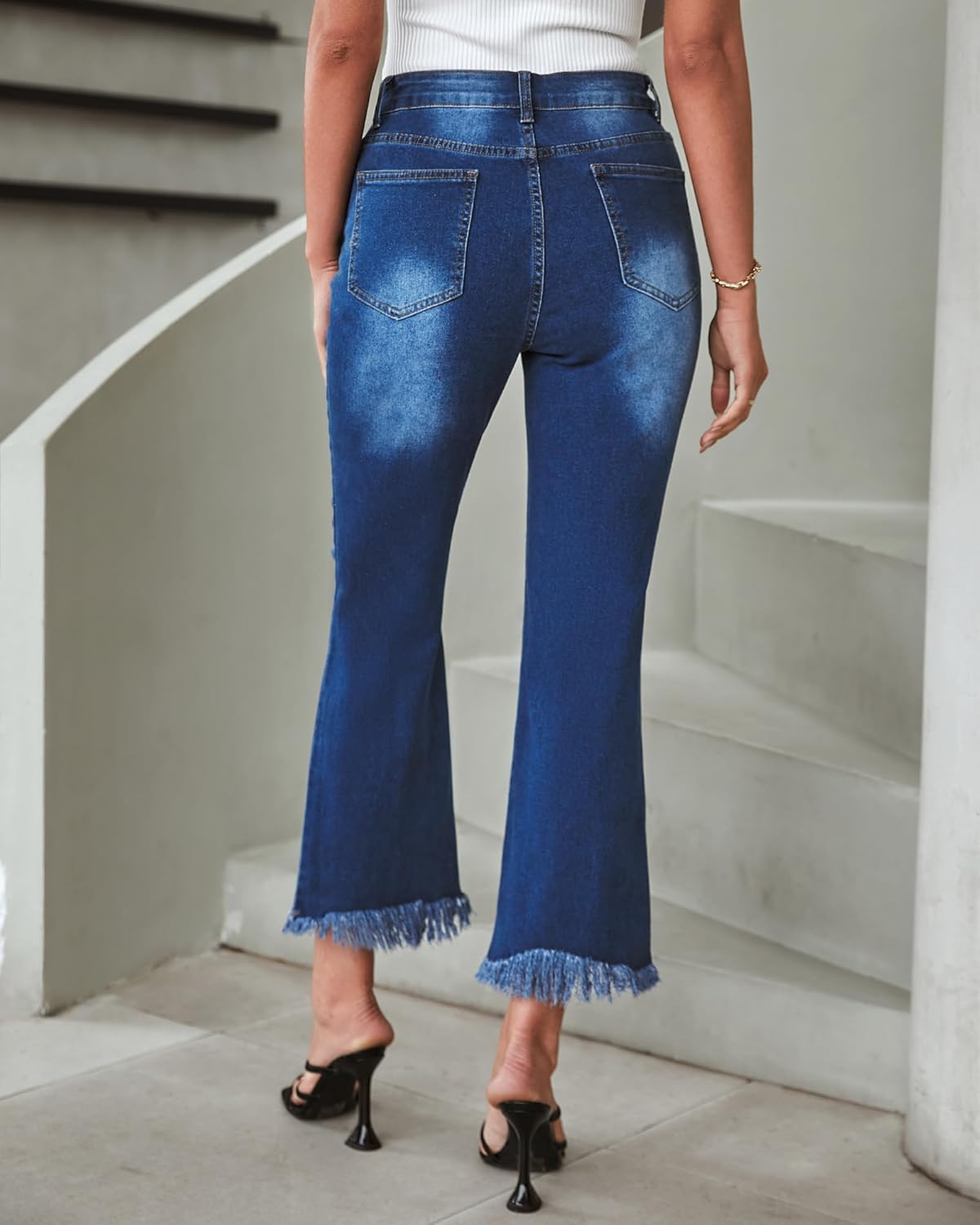GRAPENT Flare Jeans for Women Trendy High Waisted Cropped Ripped Jeans Wide Leg Stretchy Denim Ankle Pants Raw Hem JeansNightfall Blue