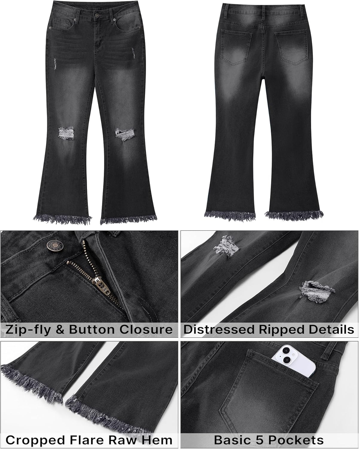 GRAPENT Flare Jeans for Women Trendy High Waisted Cropped Ripped Jeans Wide Leg Stretchy Denim Ankle Pants Raw Hem JeansWashed Black