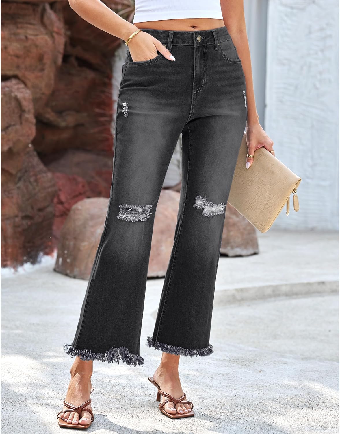 GRAPENT Flare Jeans for Women Trendy High Waisted Cropped Ripped Jeans Wide Leg Stretchy Denim Ankle Pants Raw Hem JeansWashed Black