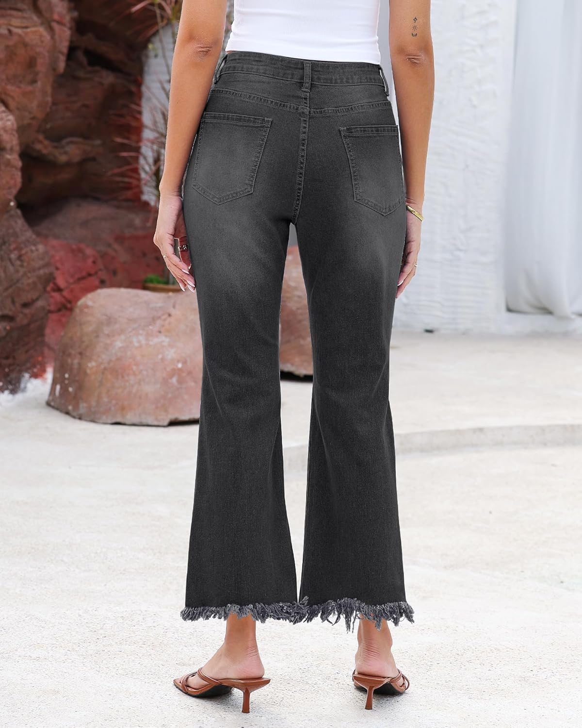 GRAPENT Flare Jeans for Women Trendy High Waisted Cropped Ripped Jeans Wide Leg Stretchy Denim Ankle Pants Raw Hem JeansWashed Black