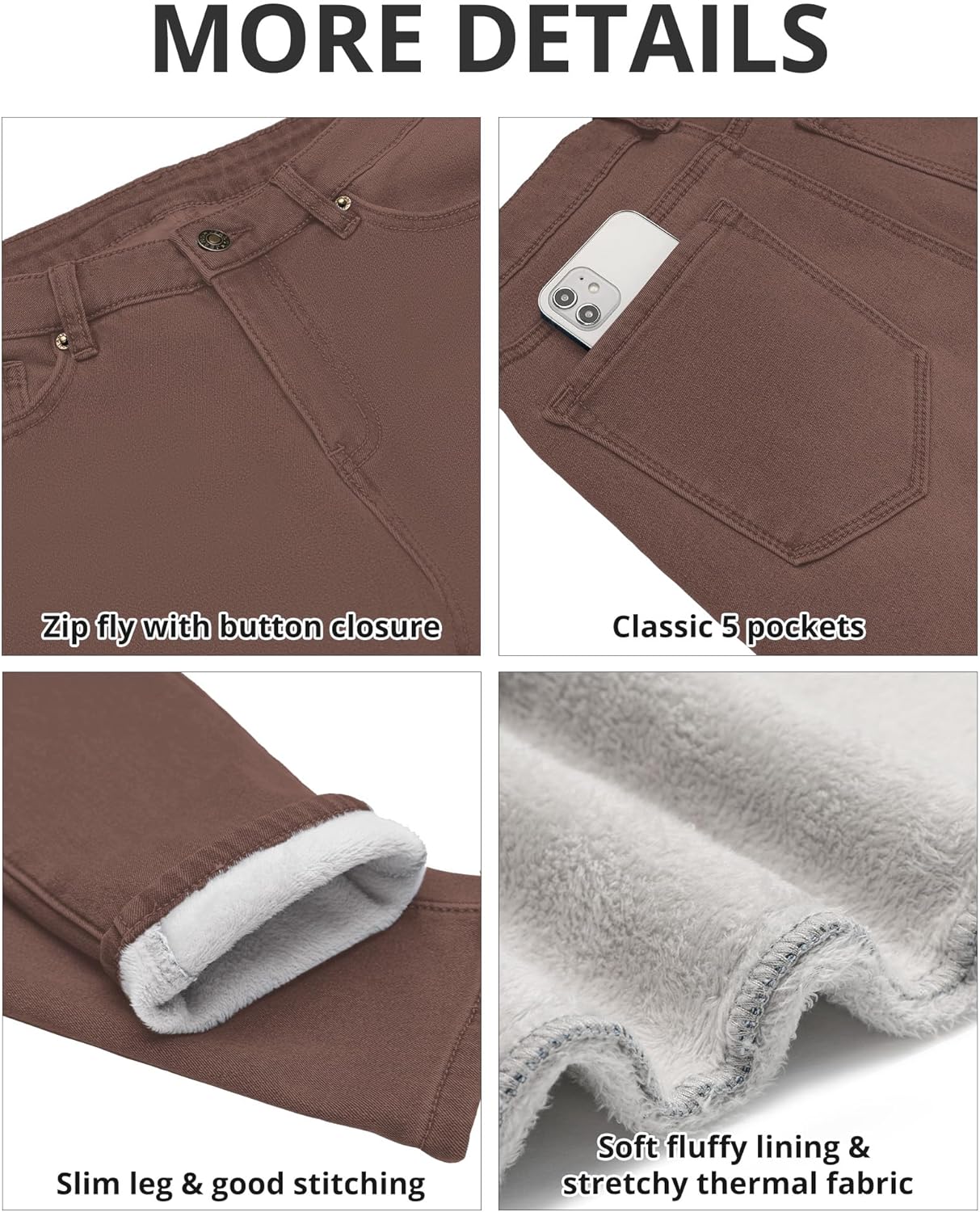 GRAPENT Fleece Lined Leggings Womens Skinny Jeans High Waisted Thermal Jeggings Winter Stretch Denim Pants WarmCappuccino