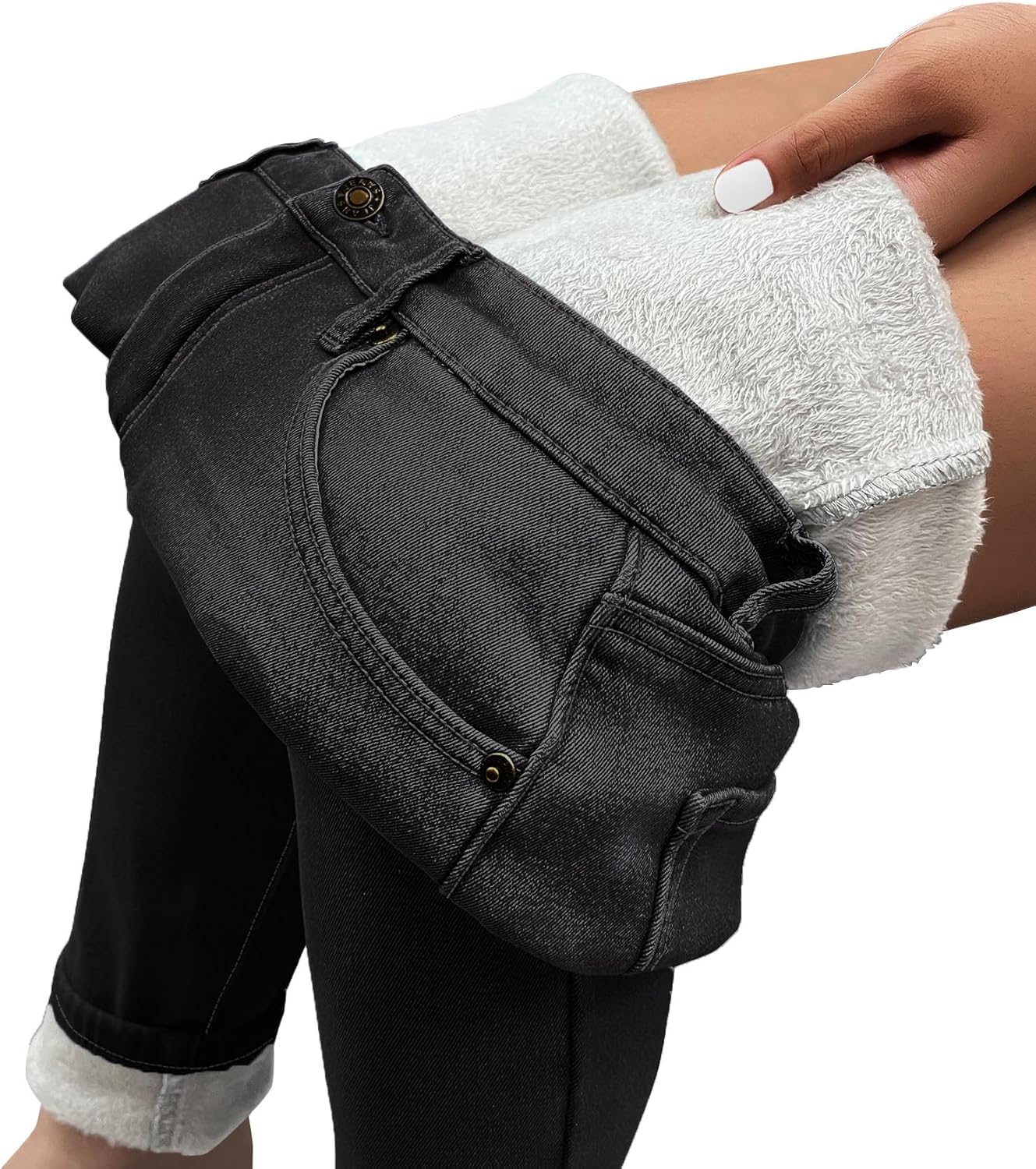 GRAPENT Fleece Lined Leggings Womens Skinny Jeans High Waisted Thermal Jeggings Winter Stretch Denim Pants WarmFaded Black