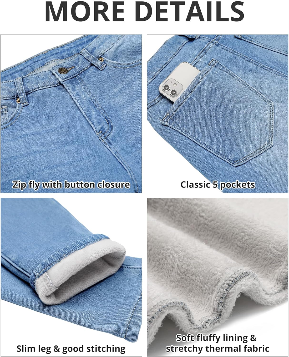 GRAPENT Fleece Lined Leggings Womens Skinny Jeans High Waisted Thermal Jeggings Winter Stretch Denim Pants WarmPowder Blue