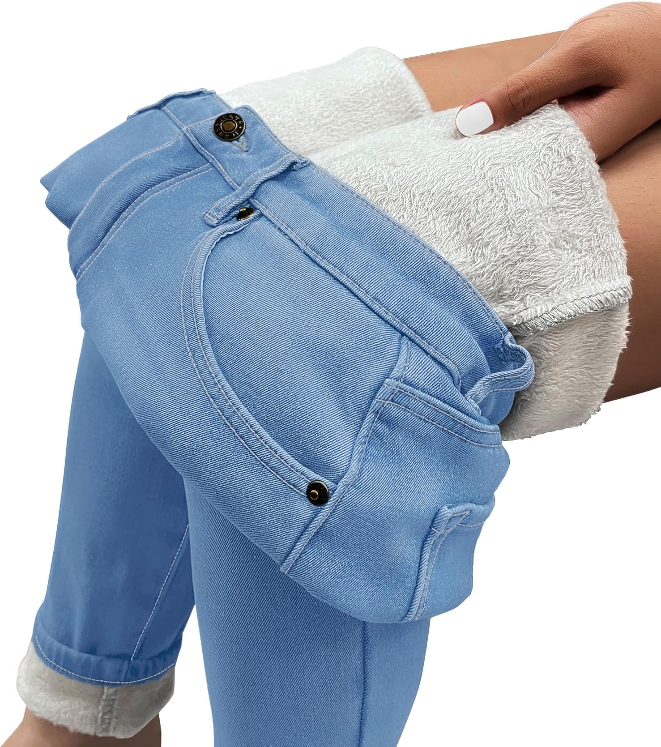 GRAPENT Fleece Lined Leggings Womens Skinny Jeans High Waisted Thermal Jeggings Winter Stretch Denim Pants WarmPowder Blue