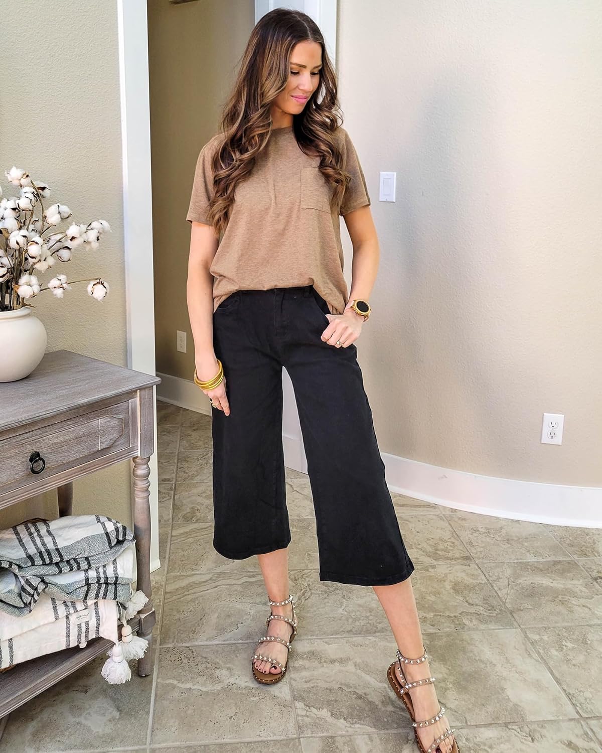 GRAPENT Jean Capris for Women Wide Leg Jeans High Waisted Crop Denim Capri Pants Stretchy BaggyBlack