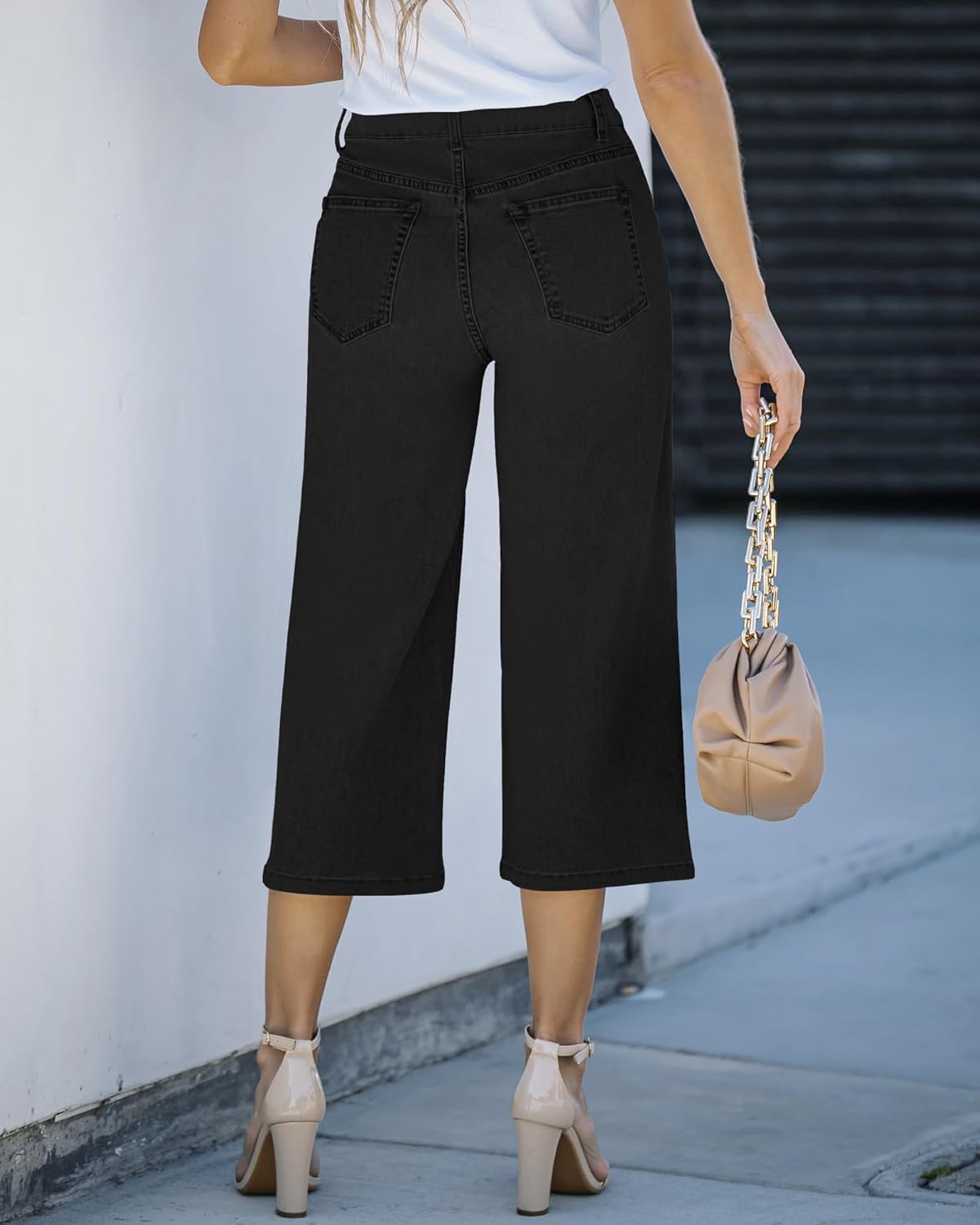 GRAPENT Jean Capris for Women Wide Leg Jeans High Waisted Crop Denim Capri Pants Stretchy BaggyBlack