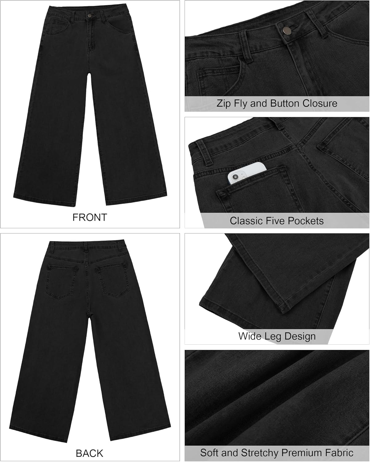 GRAPENT Jean Capris for Women Wide Leg Jeans High Waisted Crop Denim Capri Pants Stretchy BaggyBlack